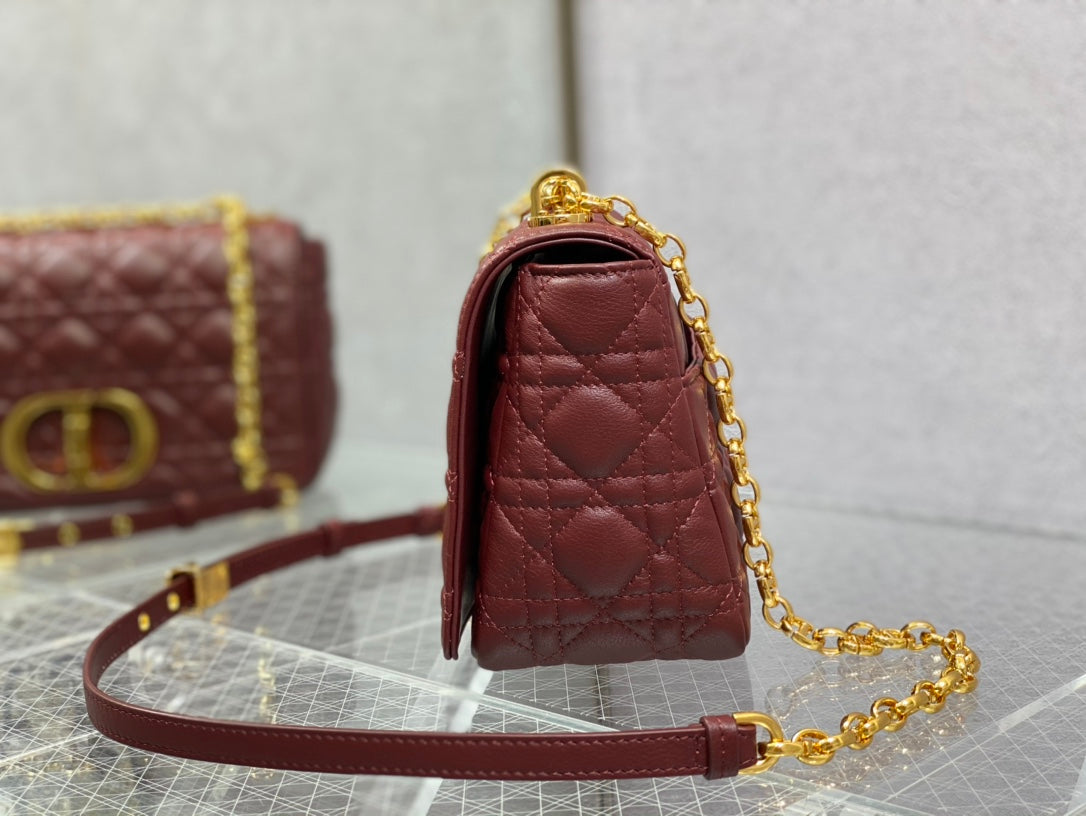 Dior-Caro 菱格紋 小牛皮 中號 酒紅色