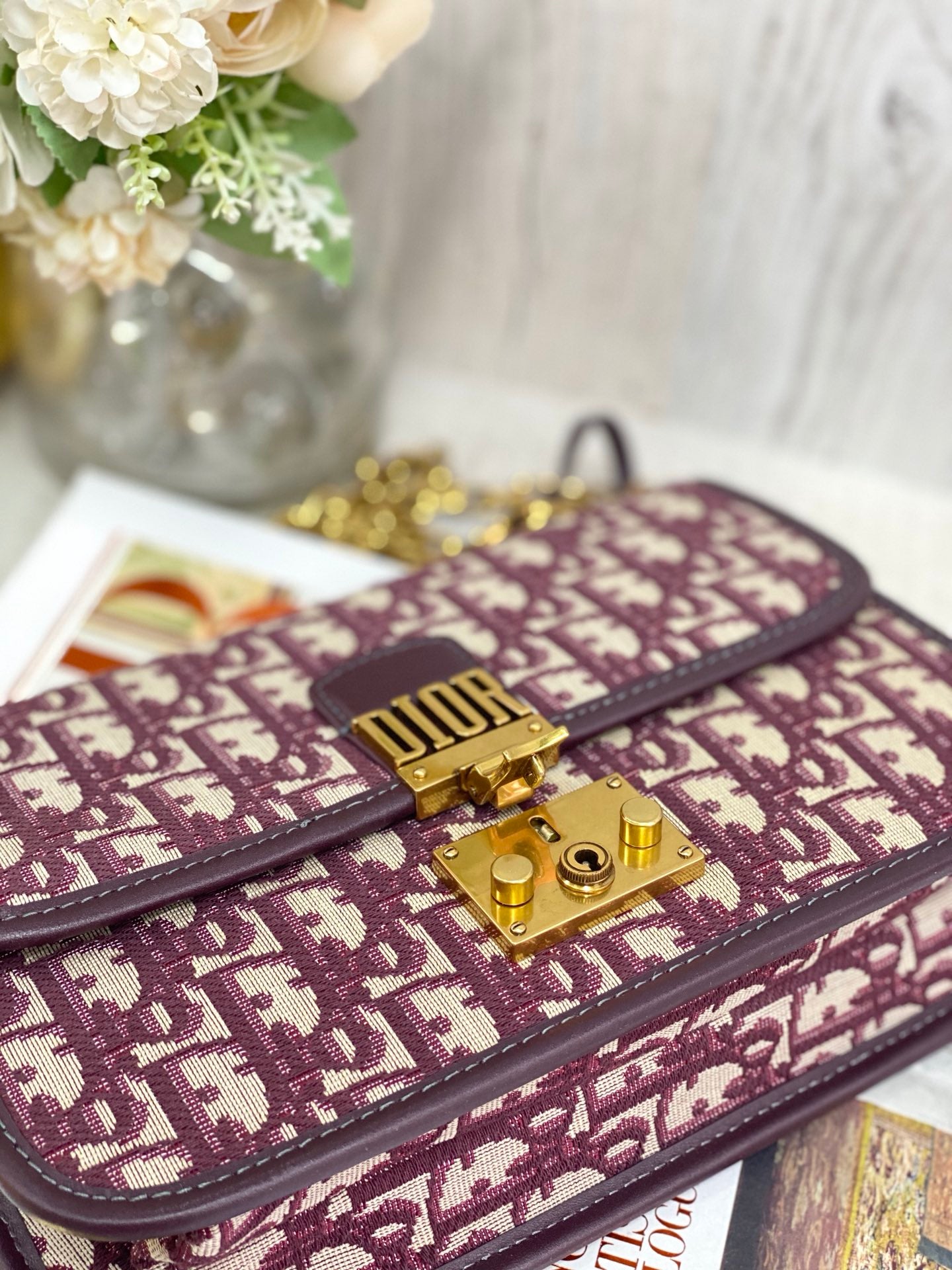 Dior WOC 鏈條包-帆布刺繡-紅色老花