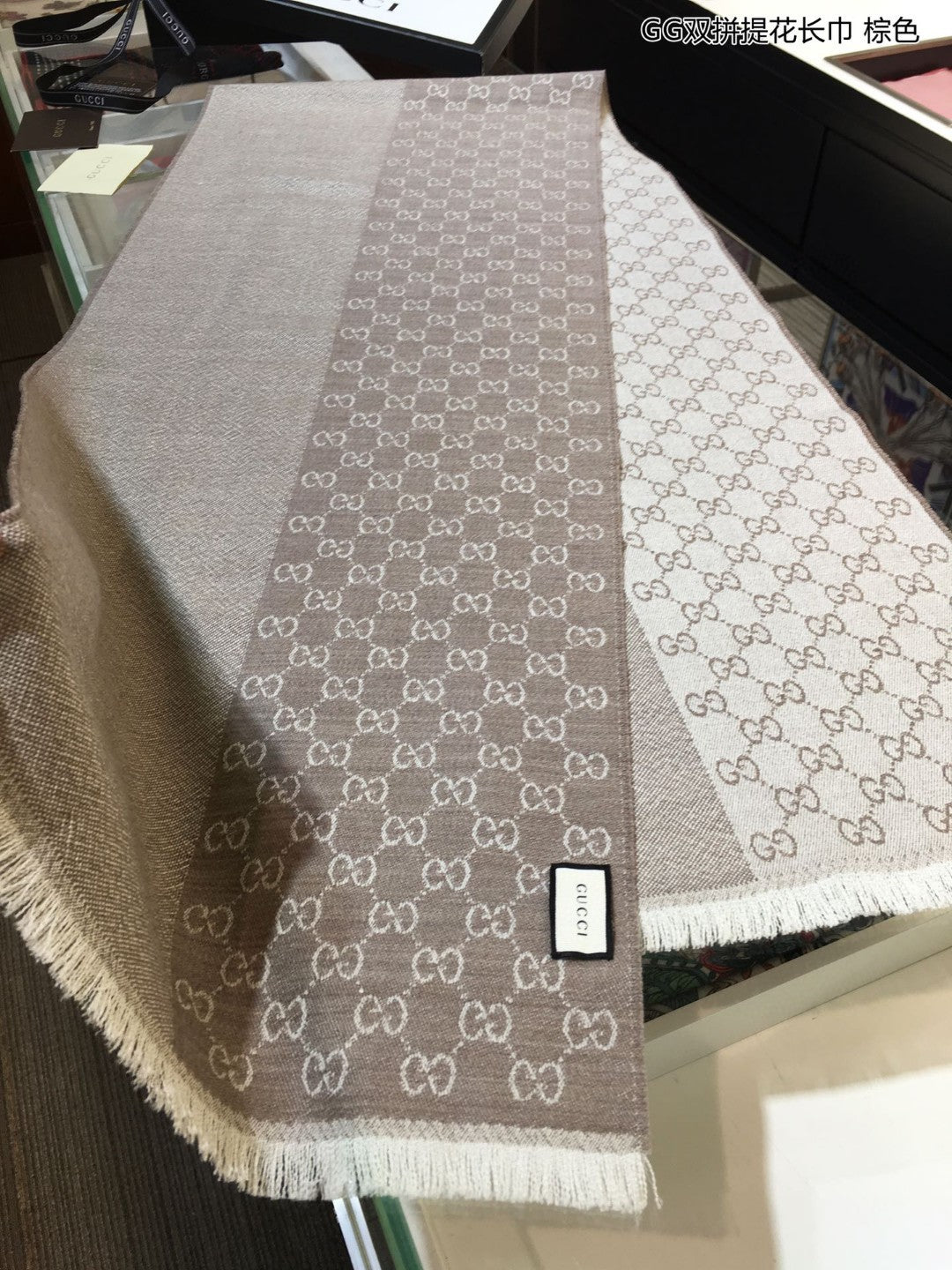 古G家-雙拼提花長圍巾 40x180cm 100%進口萊恩羊毛提花 杏色