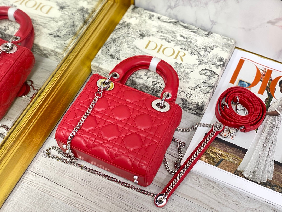 Dior-Mini Lady Dior手袋-三格黛妃-17cm -紅色銀釦