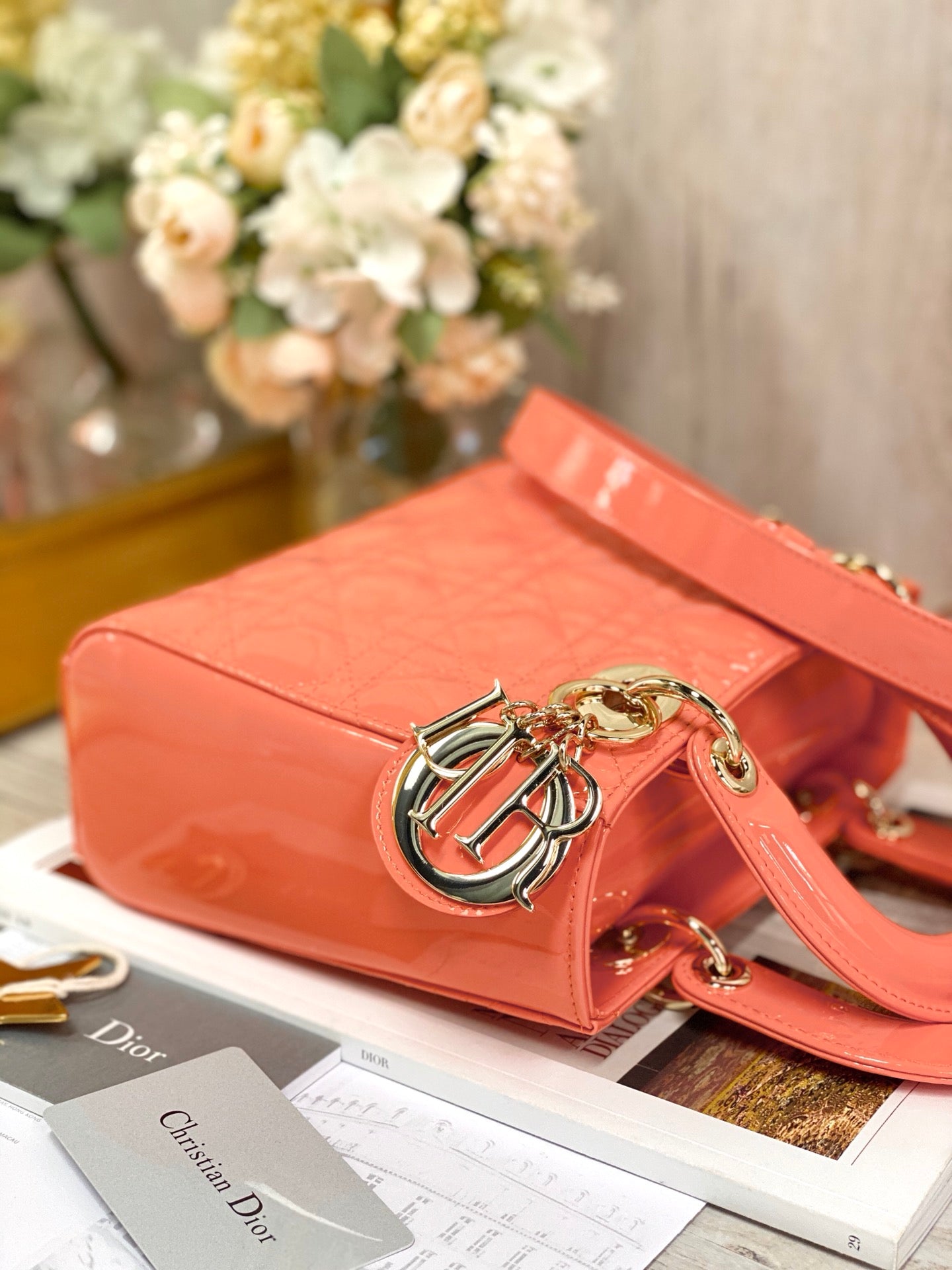 Dior Lady Dior-漆皮金扣-20cm-橙色