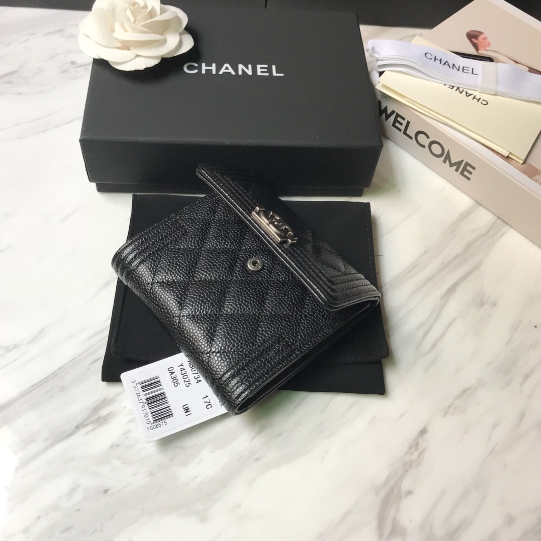 Chanel Leboy 三折短夾-黑色荔枝皮復古銀扣