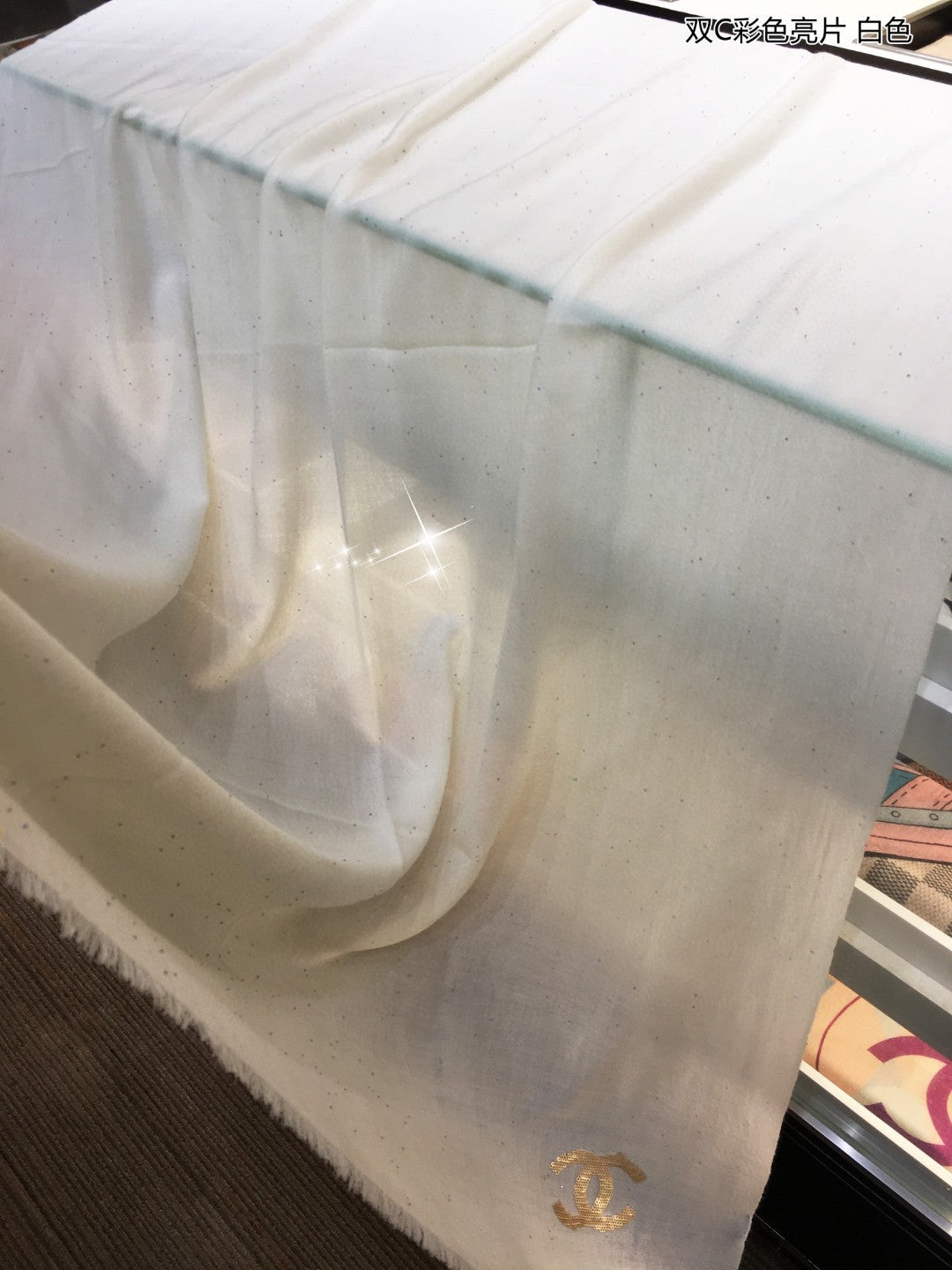 小香家-雙C彩色亮片長圍巾 100*200cm 100%頂級純羊絨 白色