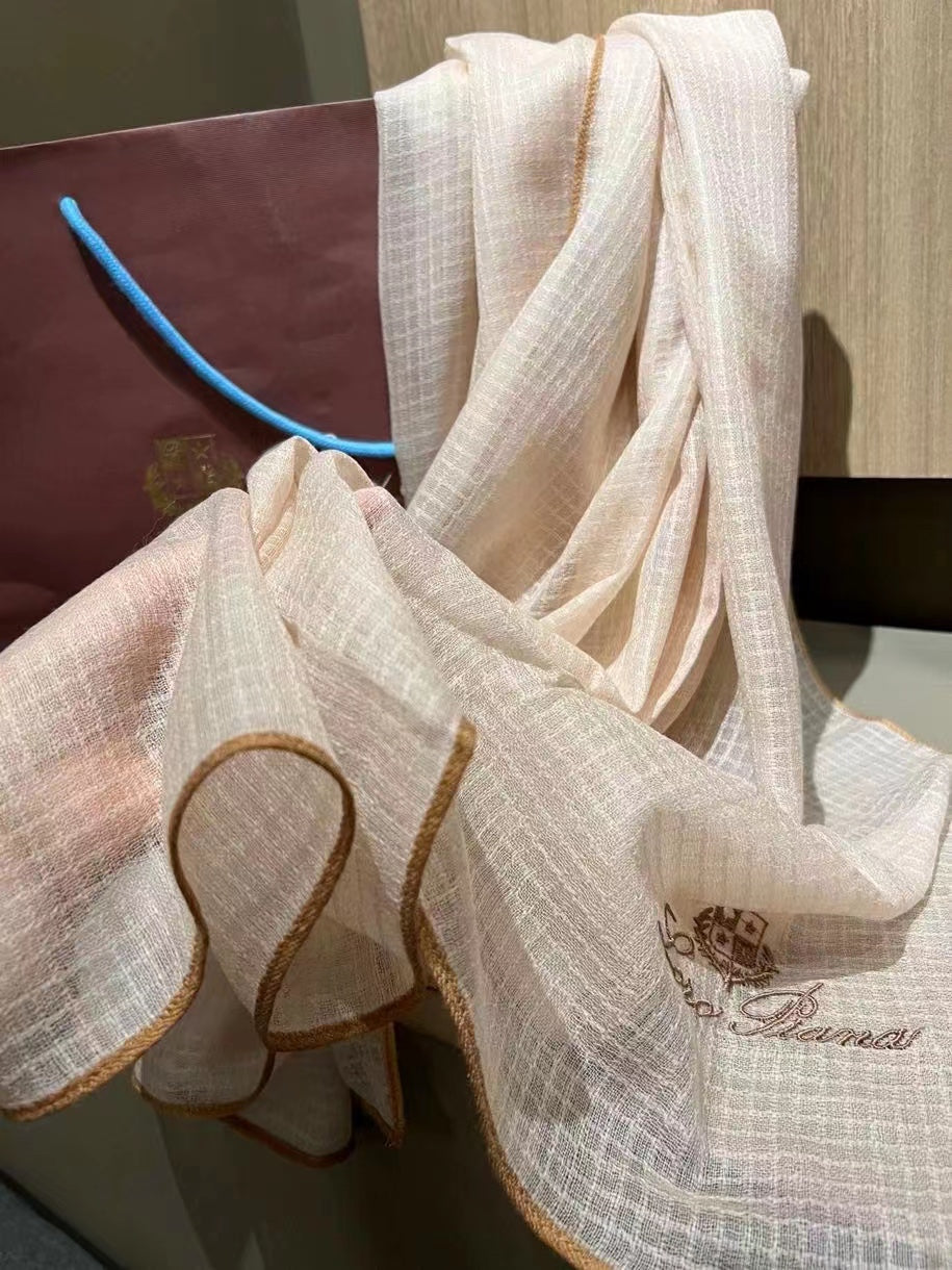 L-Piana 華夫格彩邊水毛刺繡長巾-100%羊絨-90*200cm