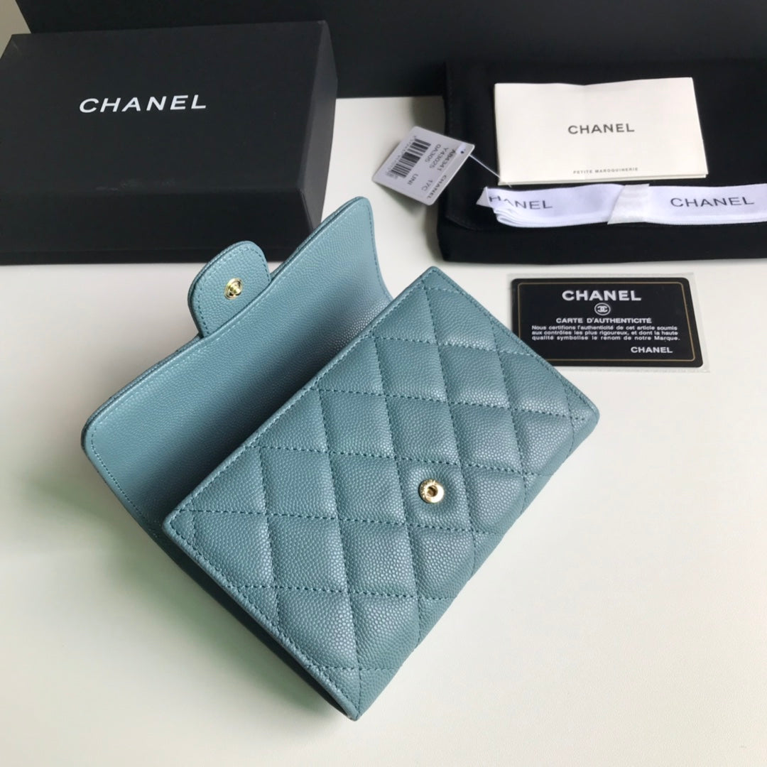 Chanel CF 三折中夾-霧霾藍荔枝皮金釦