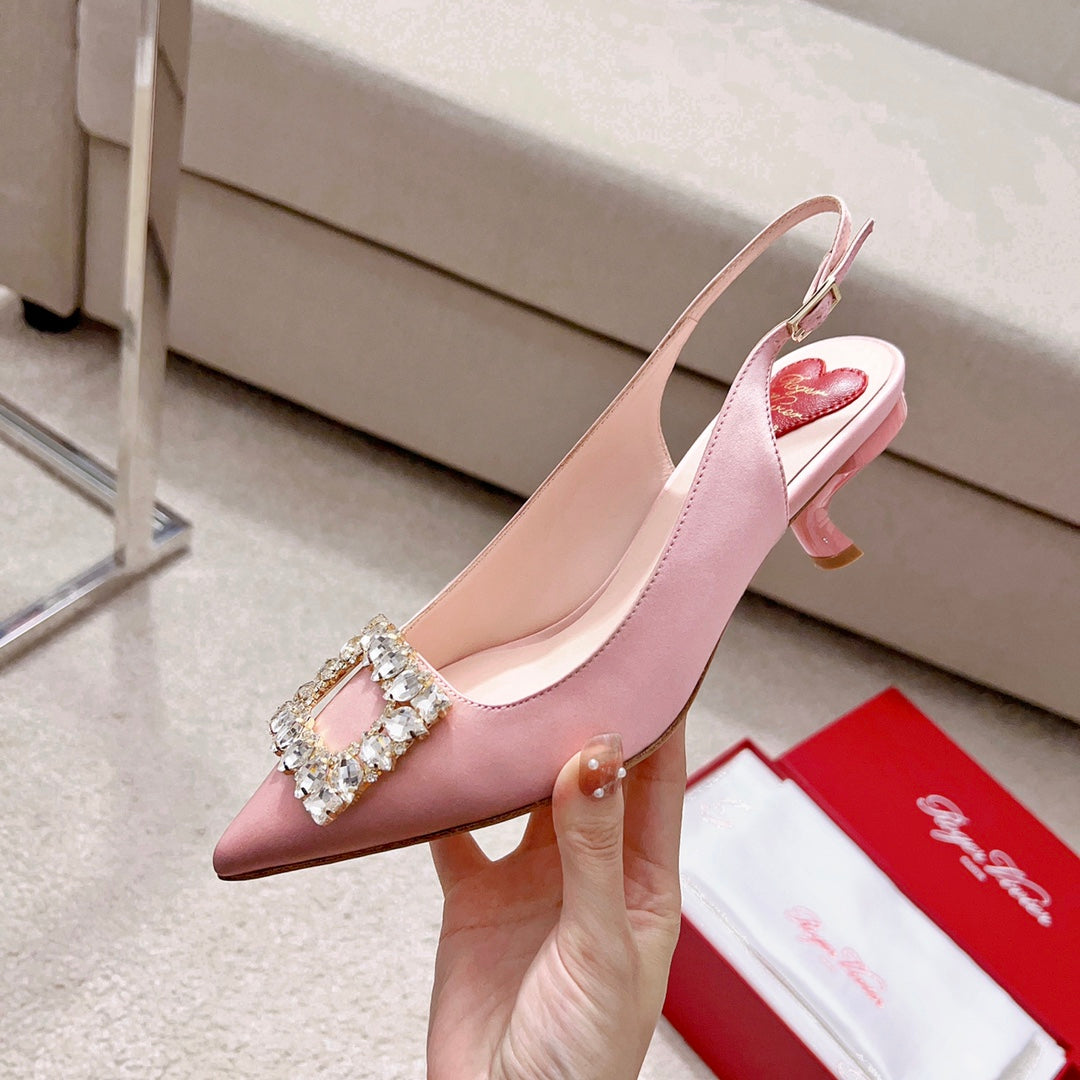 R方扣頭鞋-鑽扣緞布露跟鞋 5.5cm 粉色