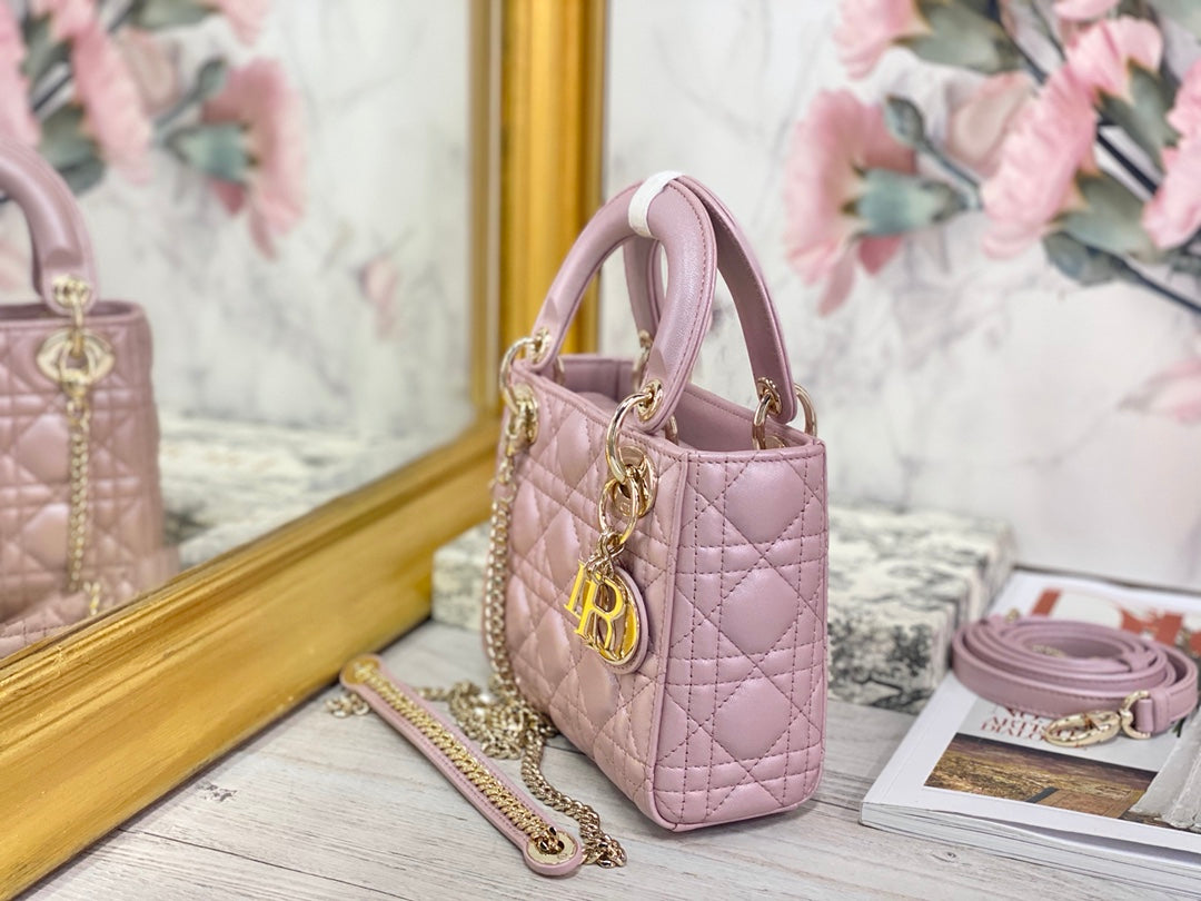 Dior-Mini Lady Dior手袋-三格黛妃-17cm-珠光粉金扣