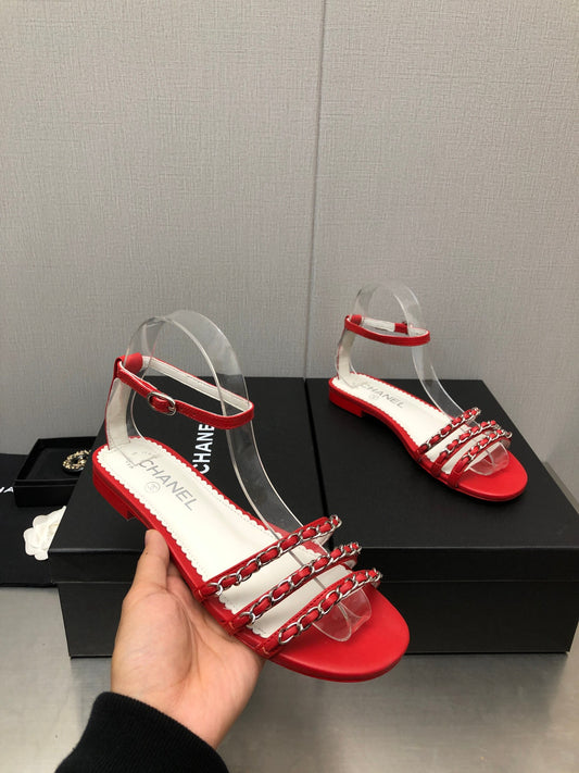 小香家-2023早春新款 鏈條平底涼鞋 紅色