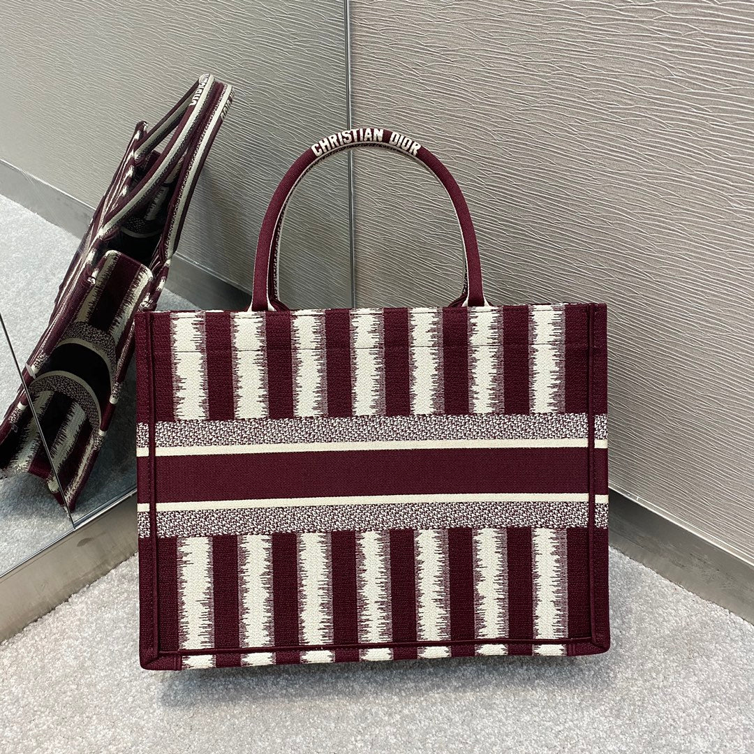Dior Book Tote-小號36.5cm-酒紅色條紋