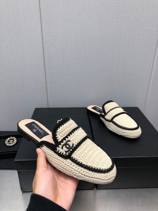 小香家-2023早春新款 山茶花編織拖鞋 杏色
