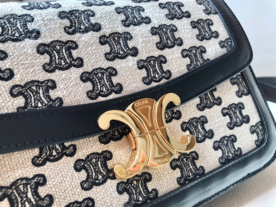 Celine 中號TRIOMPHE刺繡織物和牛皮革手袋-黑色