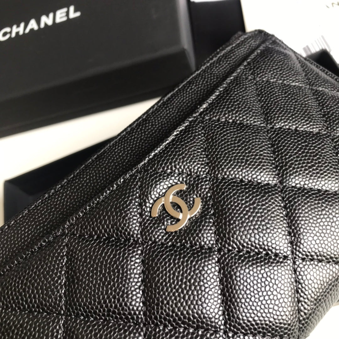Chanel 拉鍊長夾卡包-扁長夾-黑色荔枝皮銀扣