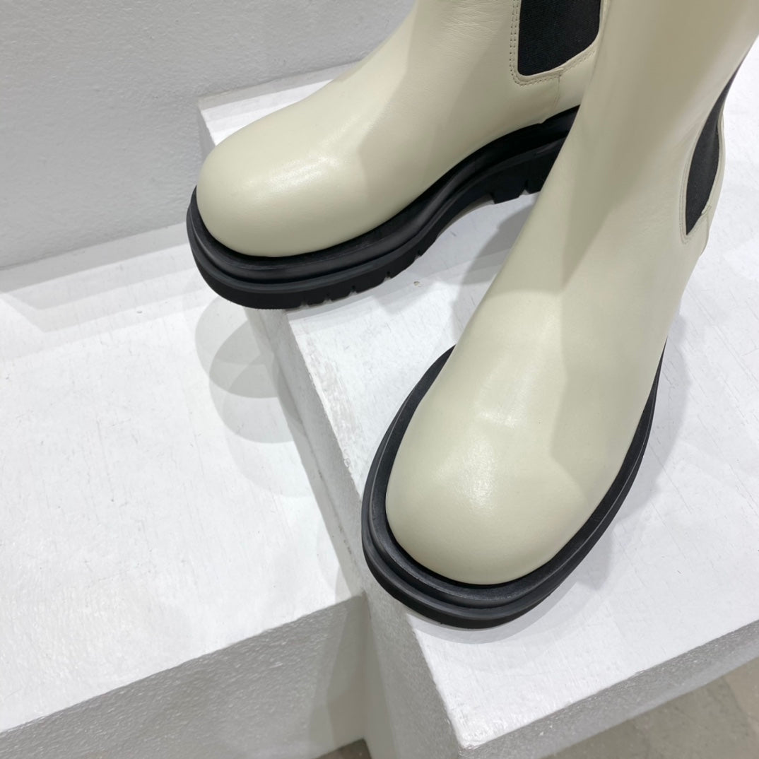 B編織-22SS 英倫復古中筒靴 男女同款 白色黑底