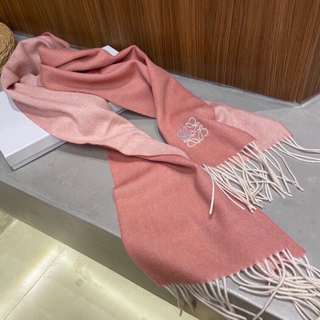 羅L威-刺繡水波紋圍巾 100%山羊絨 粉色