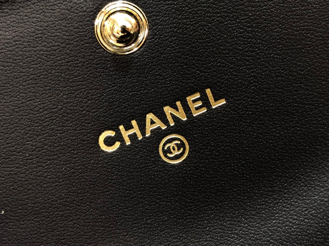 Chanel 復古CC荔枝牛皮-深藍色翻蓋雙層卡包-仿舊五金