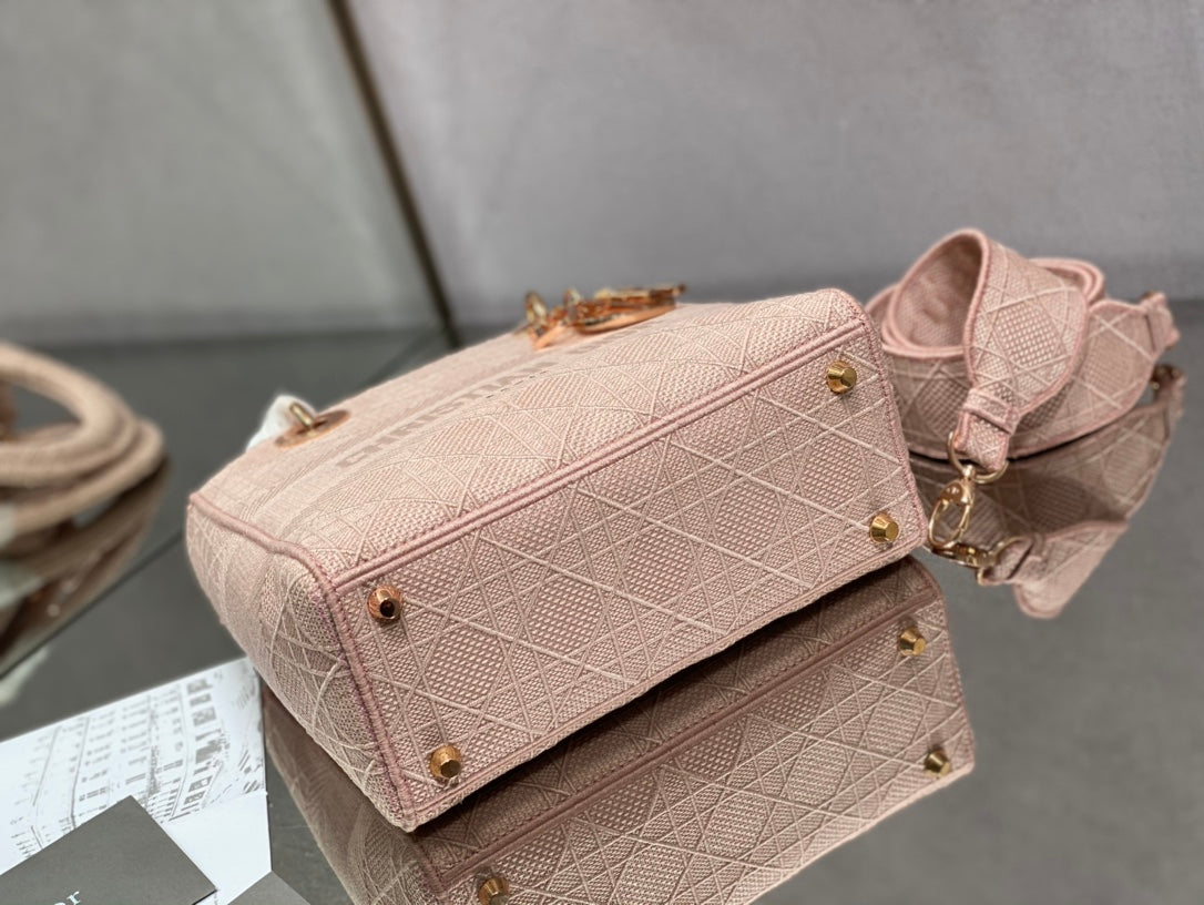 Dior Lady D-Lite黛妃包-刺繡粉色-24cm
