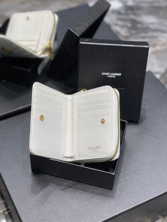 YSL 拉鍊短夾 白色金扣