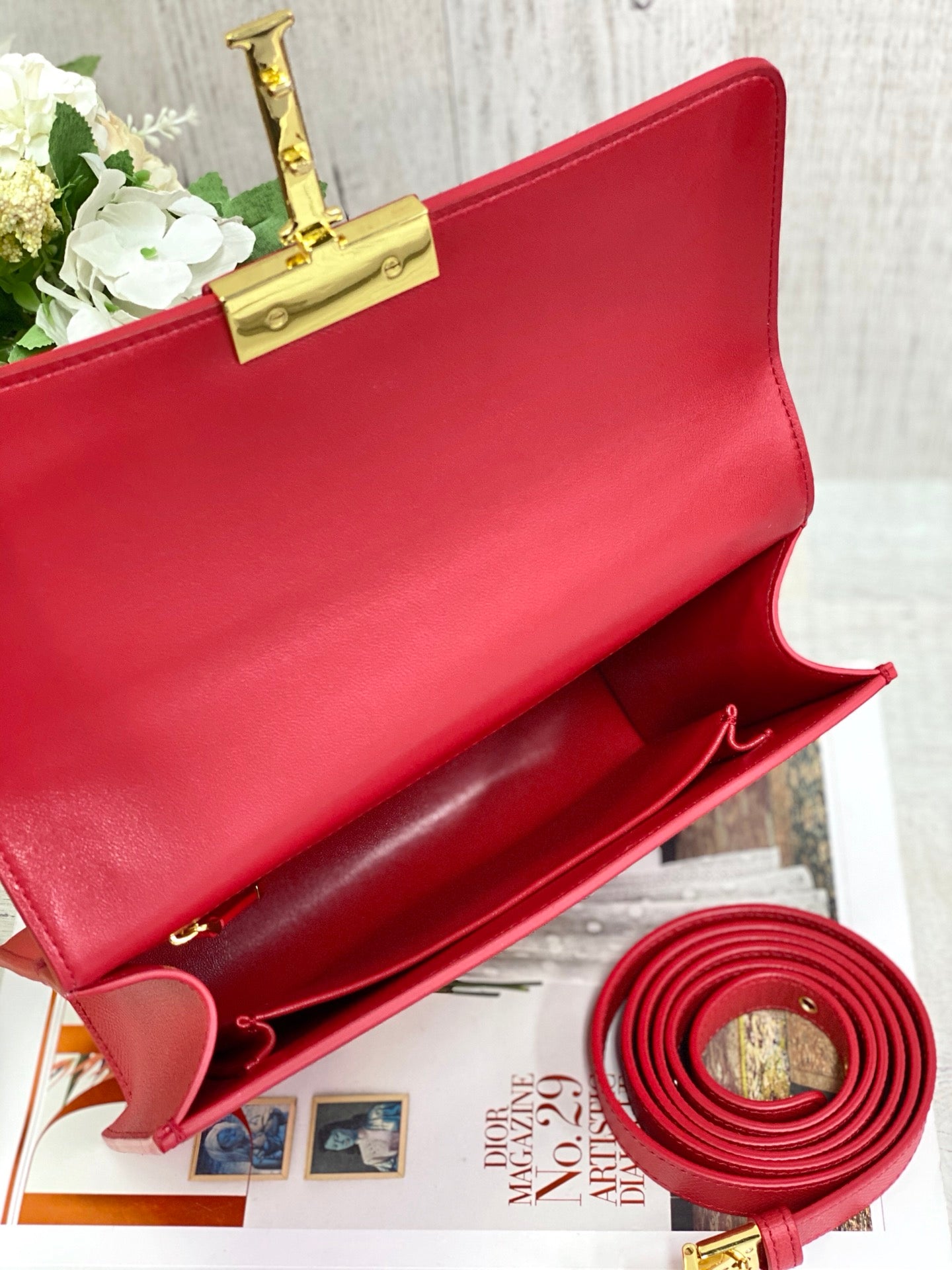 Dior 蒙田 30 Montaigne系列-24cm-牛皮手掌紋-紅色金扣