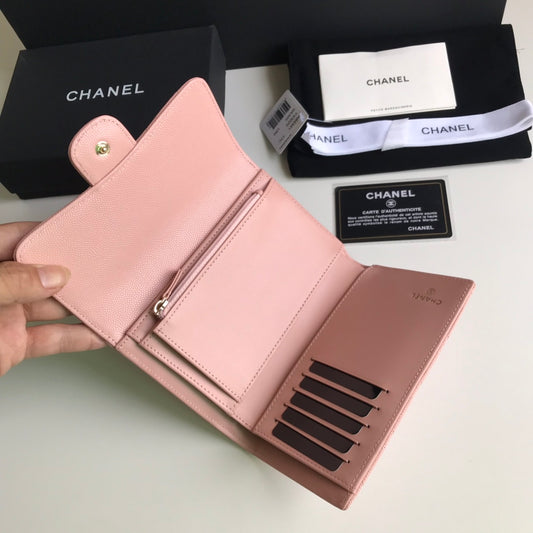 Chanel CF 三折中夾-櫻花粉荔枝皮金釦