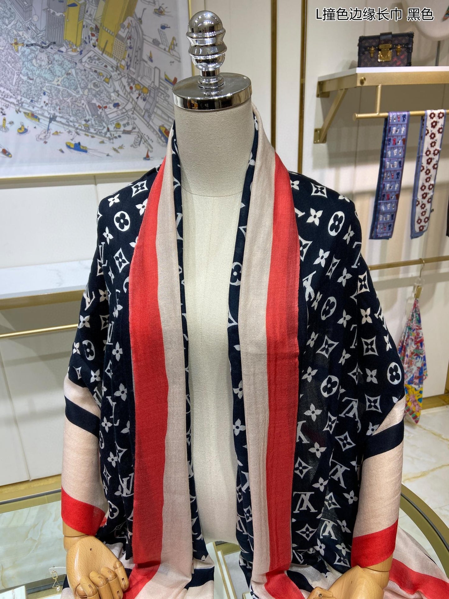 路L家-撞色邊緣長圍巾 110*200cm 100%羊絨 藍色