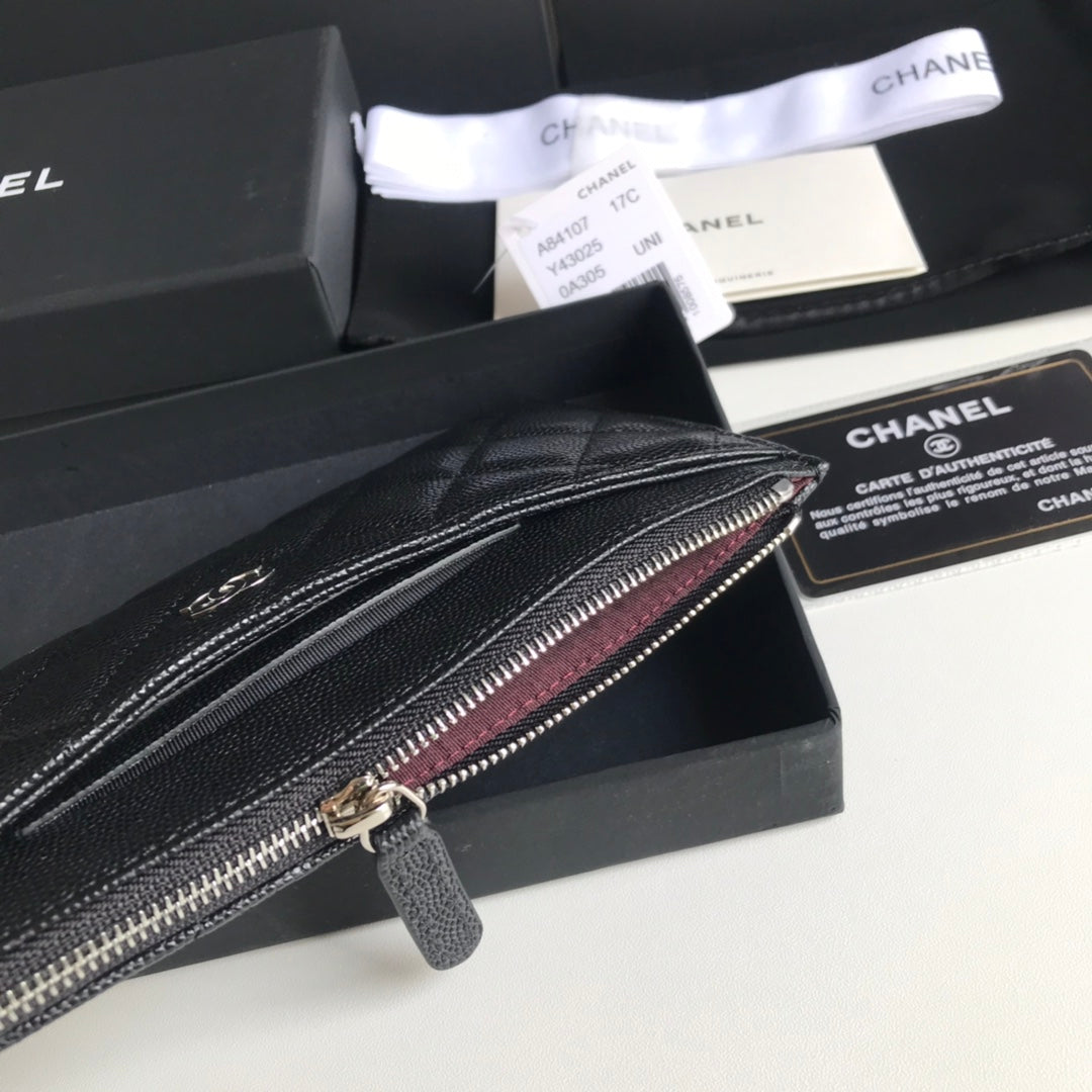 Chanel 拉鍊長夾卡包-扁長夾-黑色荔枝皮銀扣
