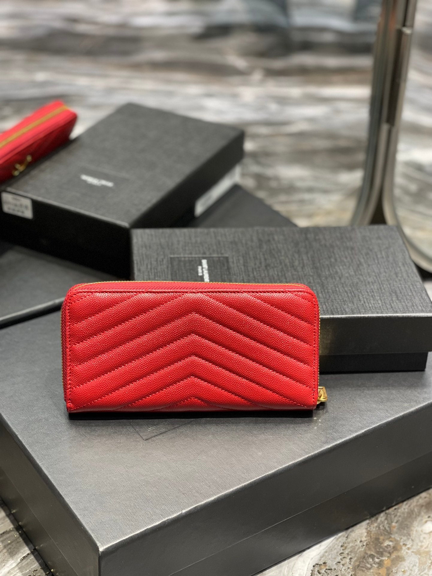 YSL 拉鍊長夾 紅色金扣