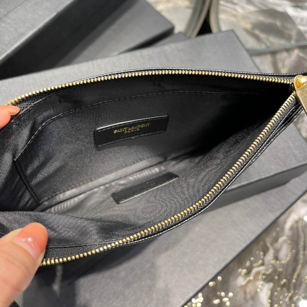 YSL 拉鍊手拿包 扁長夾 黑色金扣