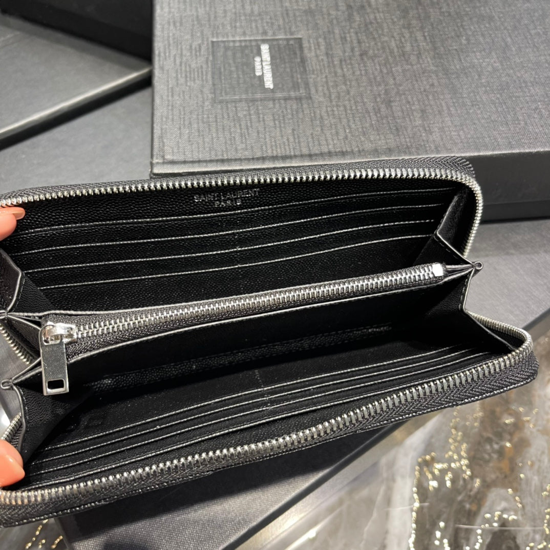 YSL 拉鍊長夾 黑色銀扣