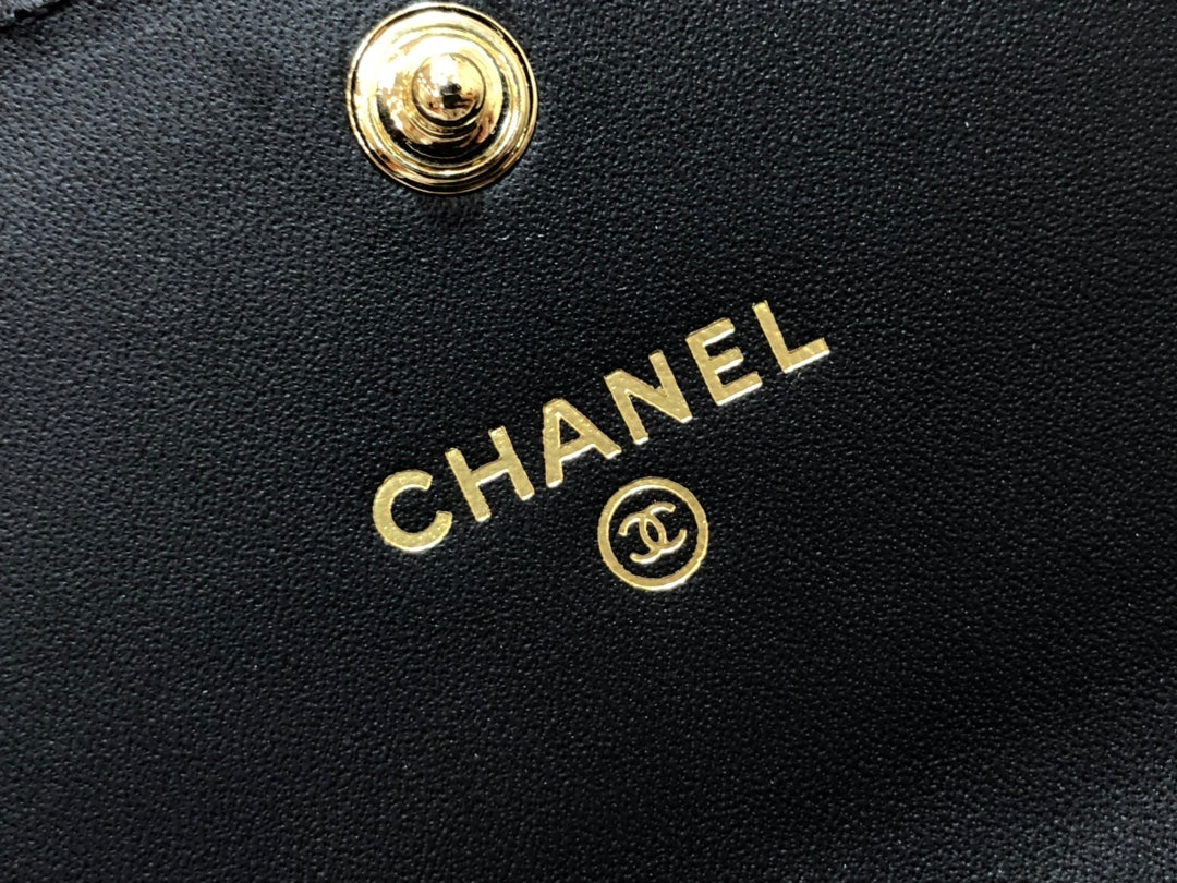 Chanel 復古CC荔枝牛皮-黑杏色翻蓋雙層卡包-仿舊五金