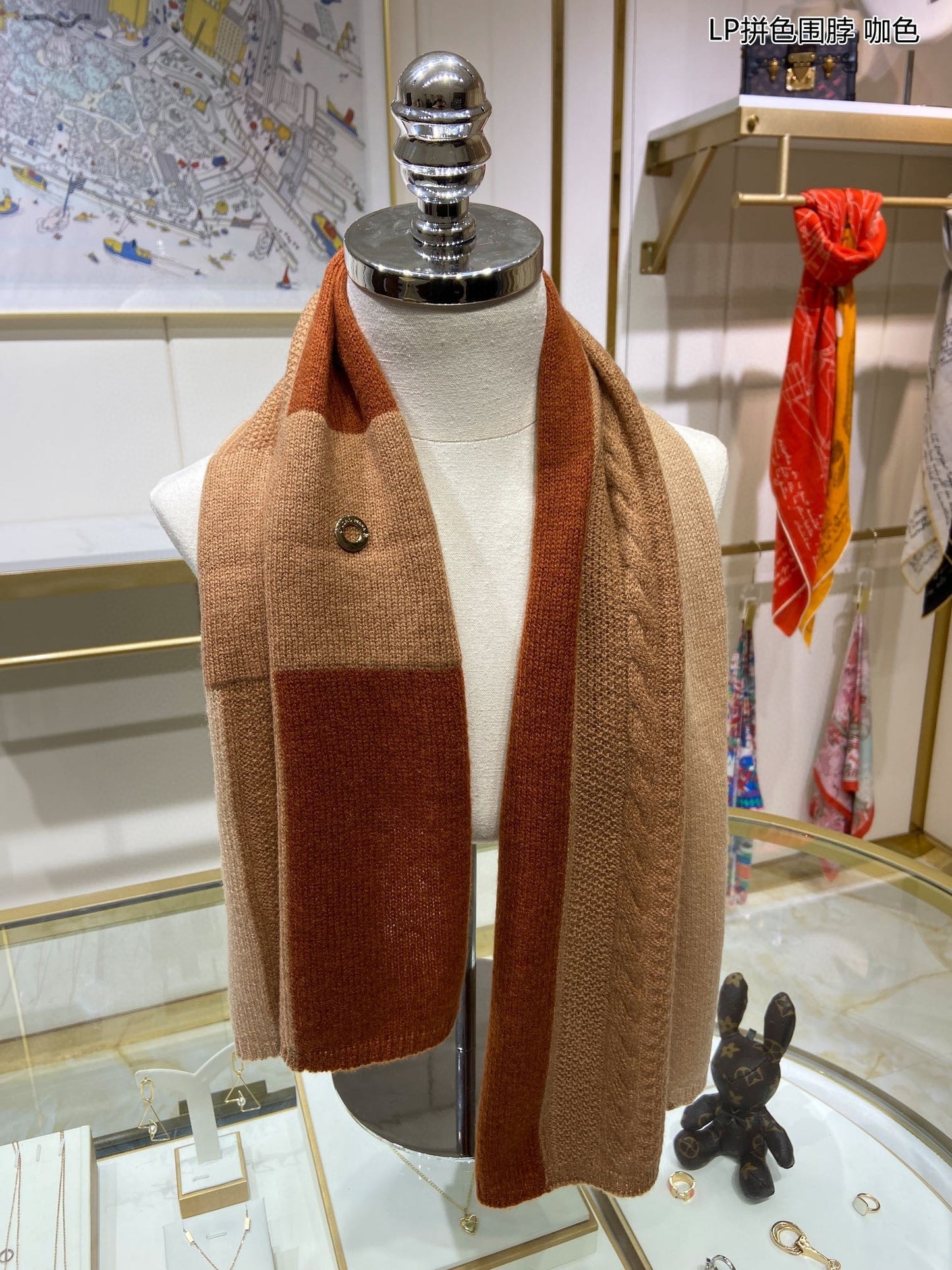 L-Piana-拼色圍巾 33*95cm 100%山羊絨 咖色