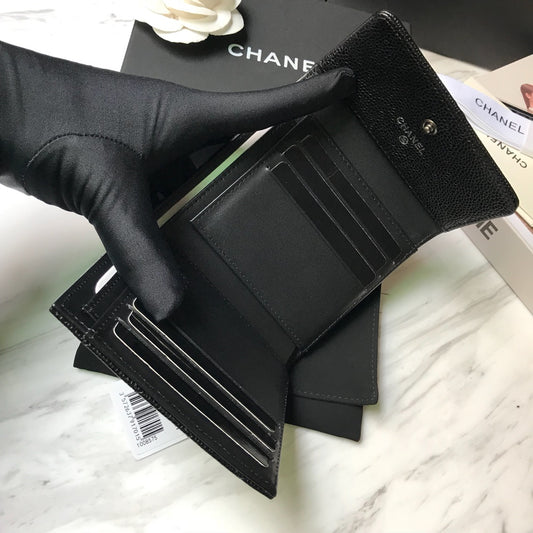 Chanel Leboy 三折短夾-黑色荔枝皮復古銀扣