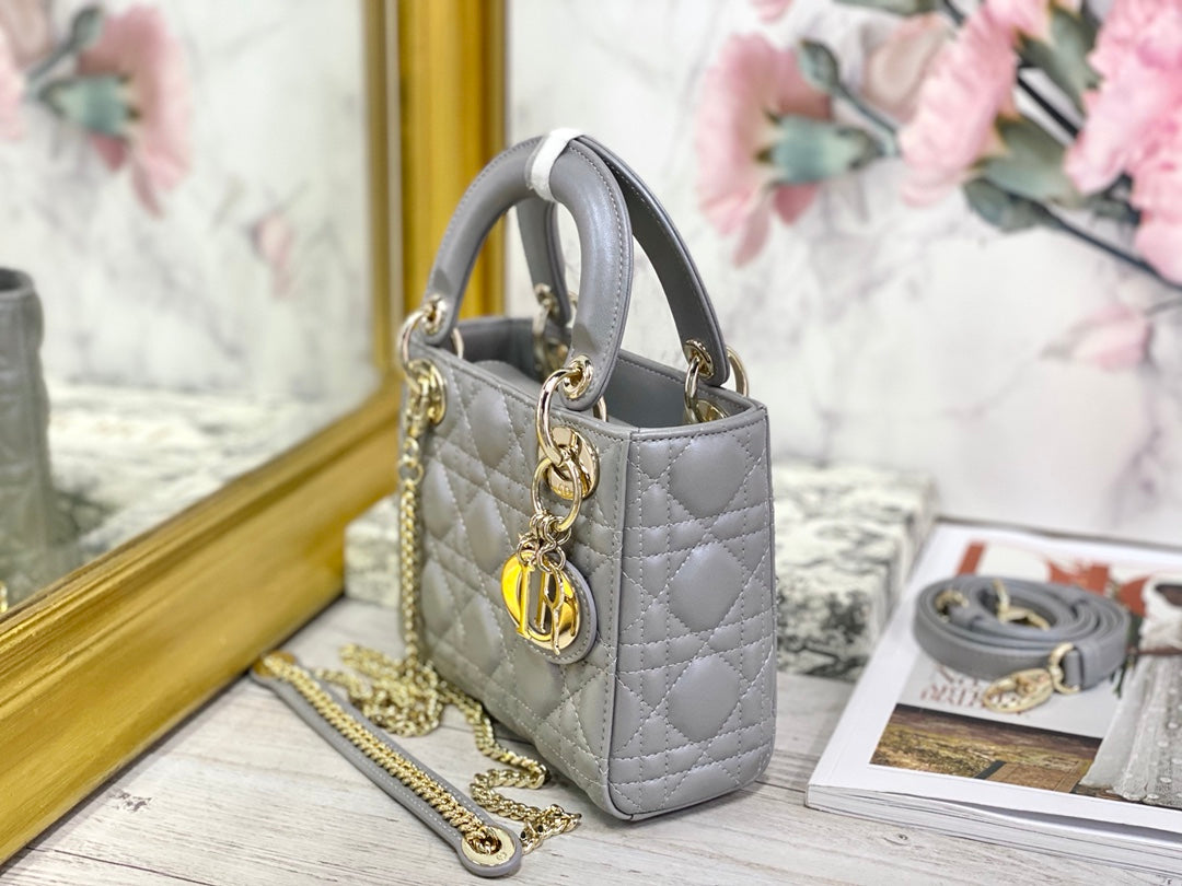 Dior-Mini Lady Dior手袋-三格黛妃-17cm-珠光灰金扣