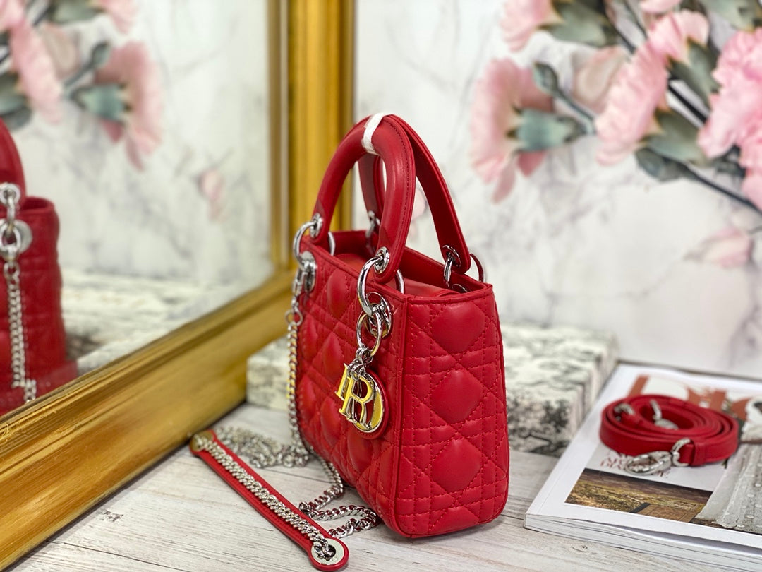 Dior-Mini Lady Dior手袋-三格黛妃-17cm -紅色銀釦