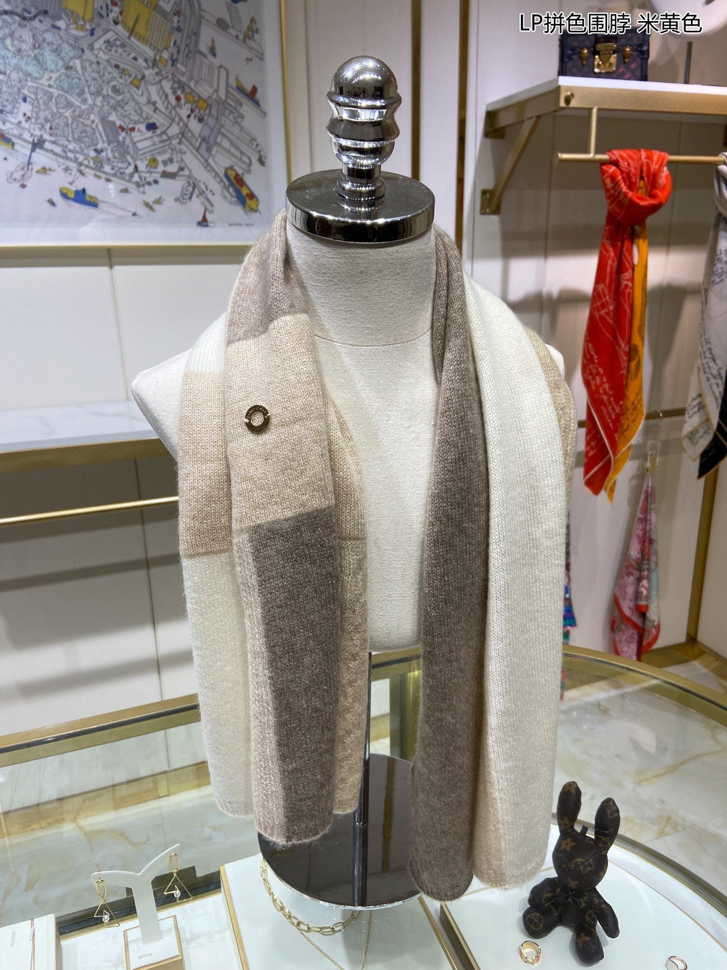 L-Piana-拼色圍巾 33*95cm 100%山羊絨 杏色