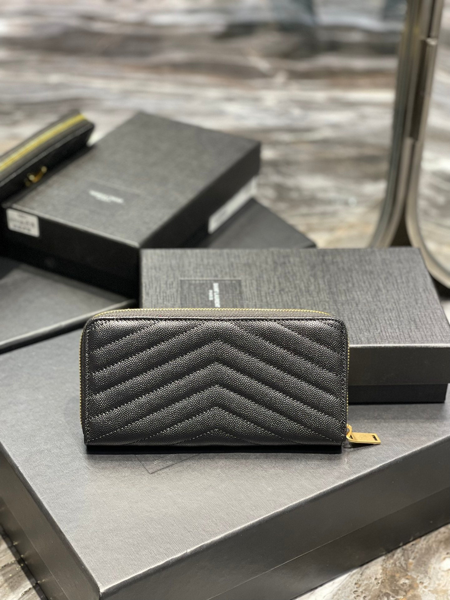YSL 拉鍊長夾 黑色金扣