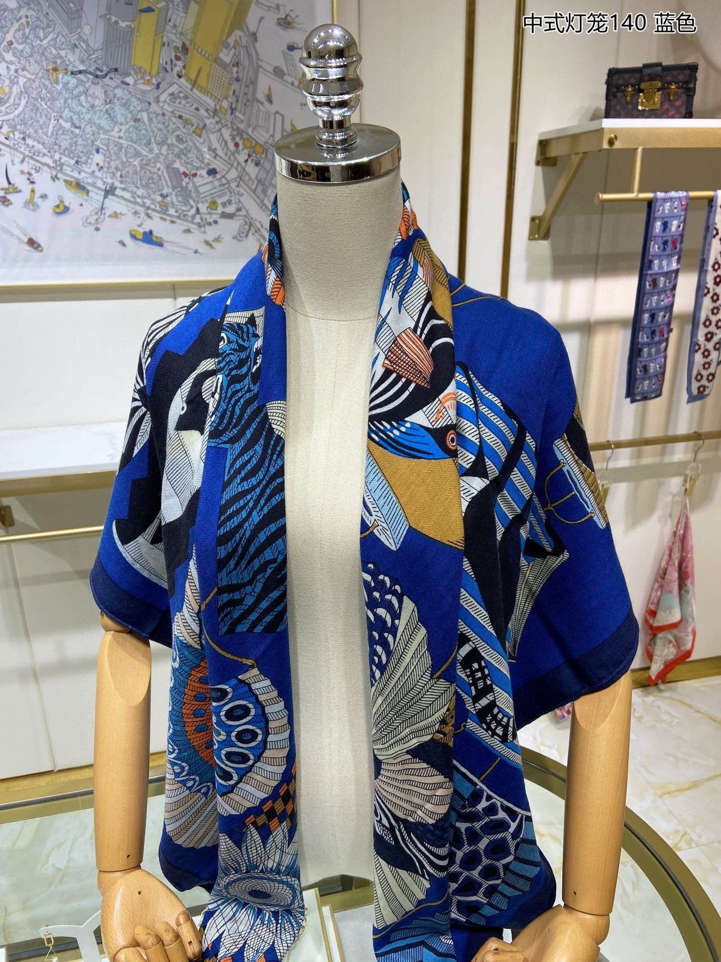小愛款-中式燈籠方形圍巾 140*140cm 70%羊絨+30%真絲 藍色