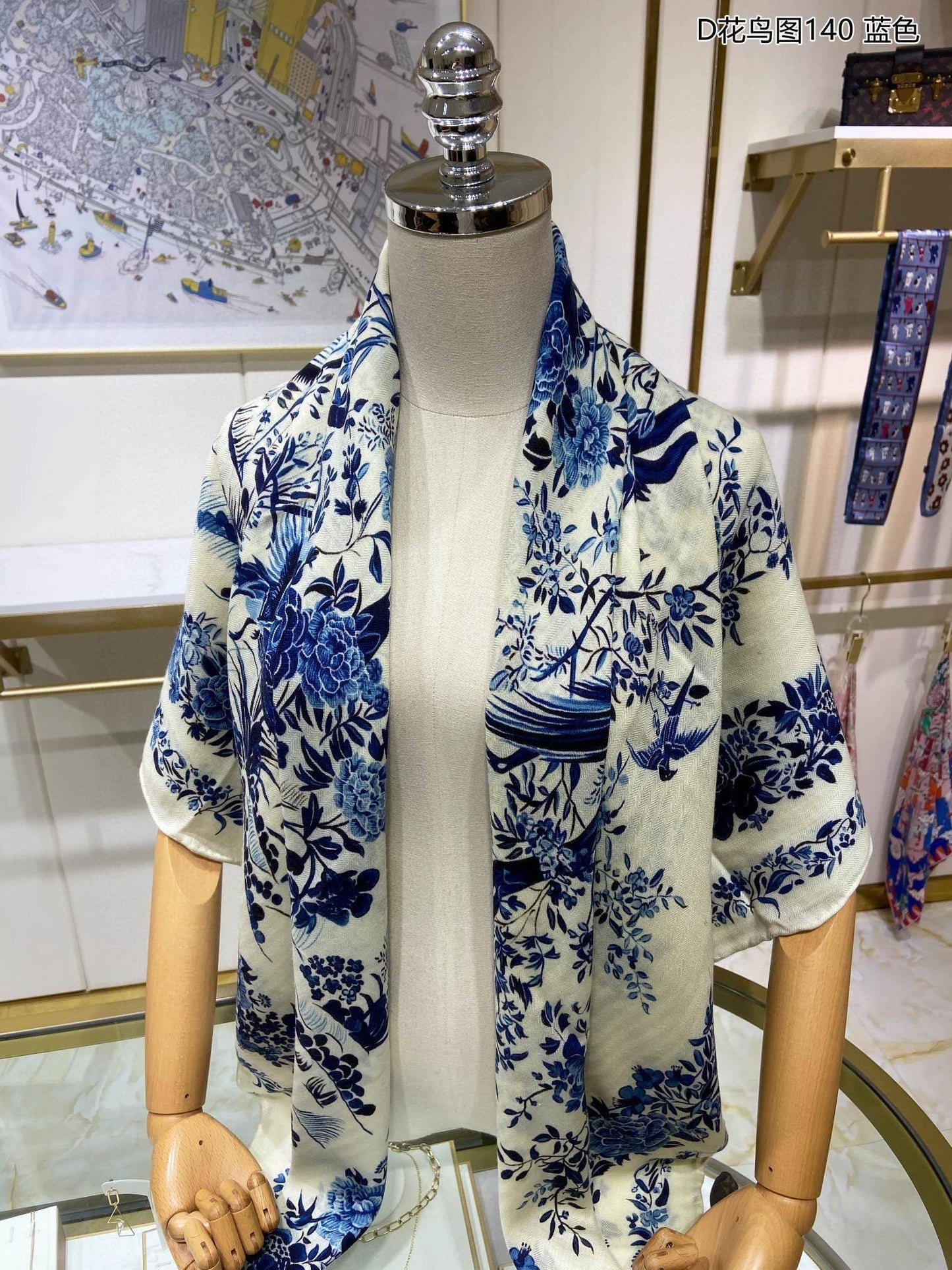迪D家-花鳥圖方形圍巾 140*140cm 70%羊絨+30%真絲
