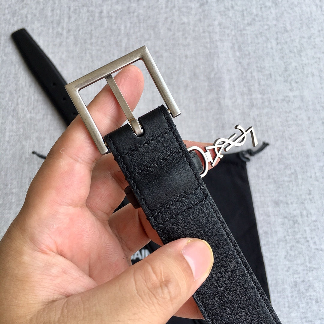 聖Y羅-黑色銀扣皮帶-3.0cm
