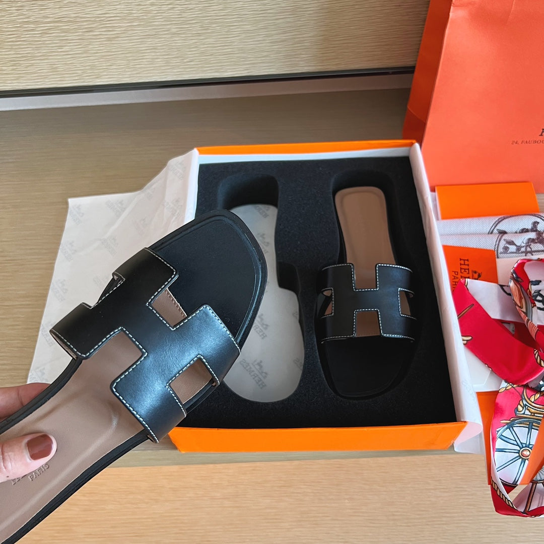 小愛款-經典H拖鞋 純色皮面 黑咖色