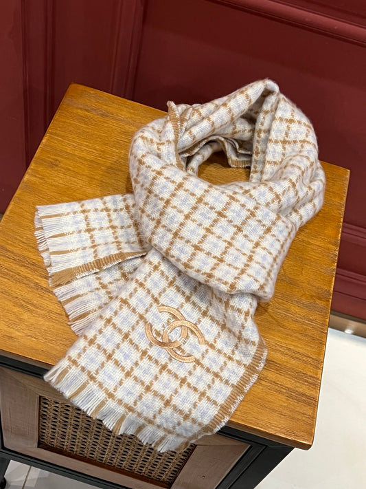 小香家-雙C編織格紋圍巾 190*32cm 100%頂級山羊絨 灰色