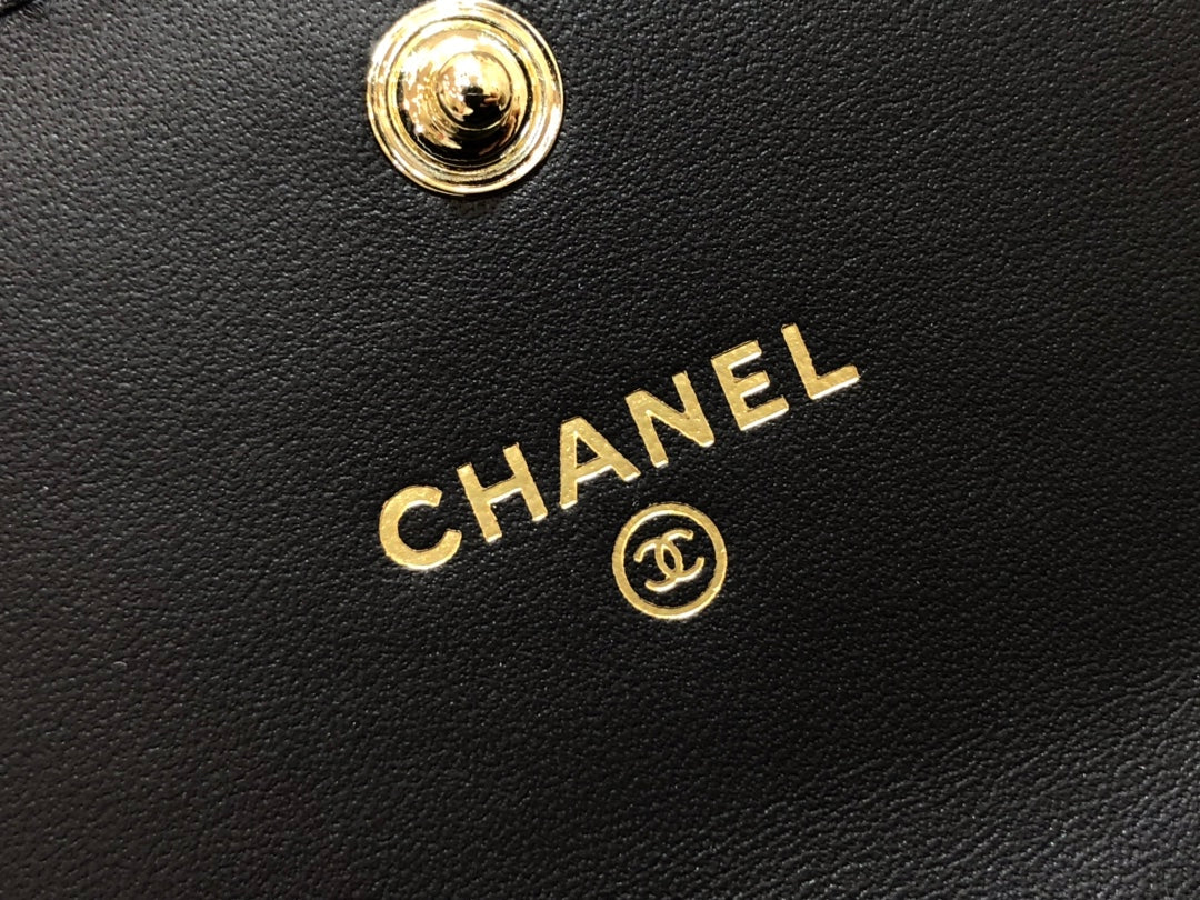 Chanel 復古CC荔枝牛皮-黑色翻蓋雙層卡包-仿舊五金