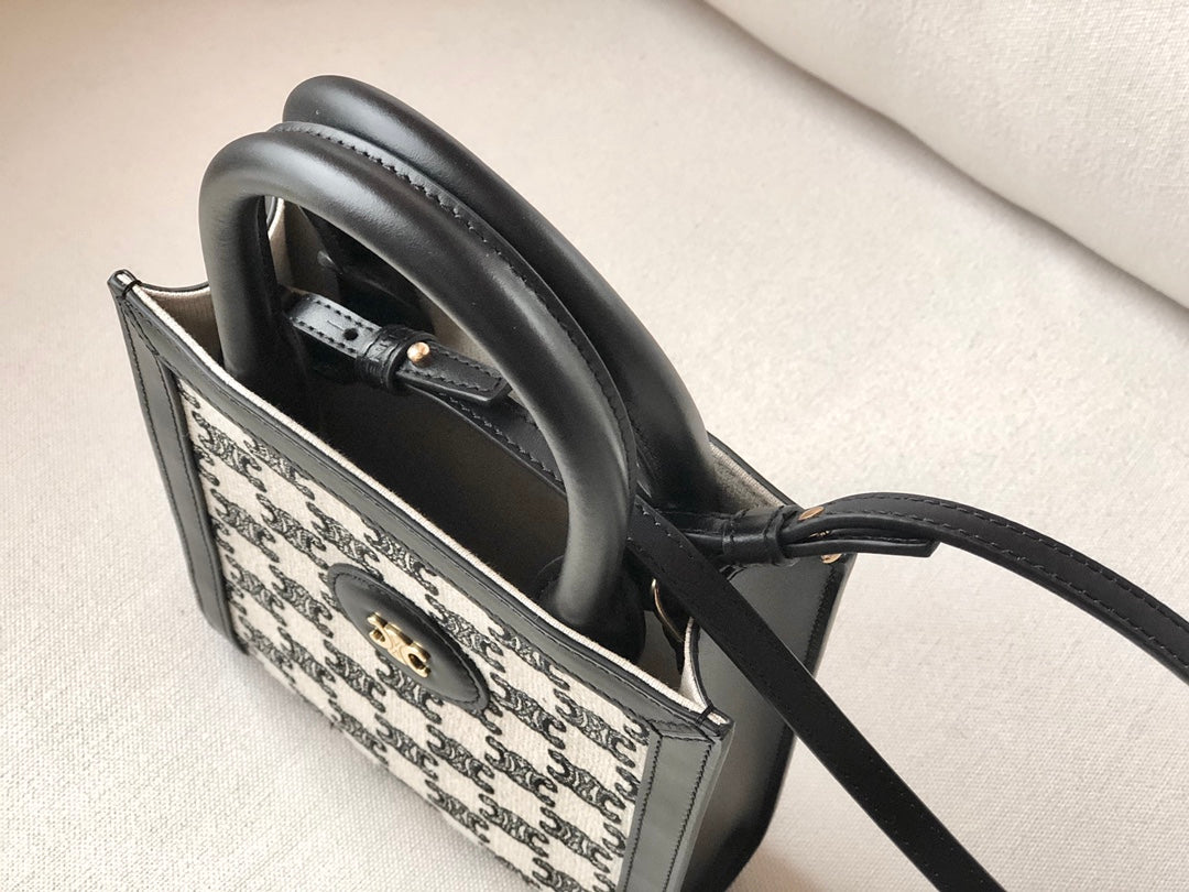 Celine CABAS 迷你TRIOMPHE刺繡織物豎款手袋
