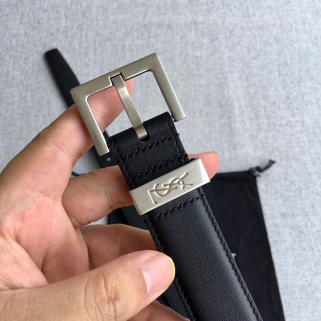聖Y羅-黑色銀扣皮帶-3.0cm