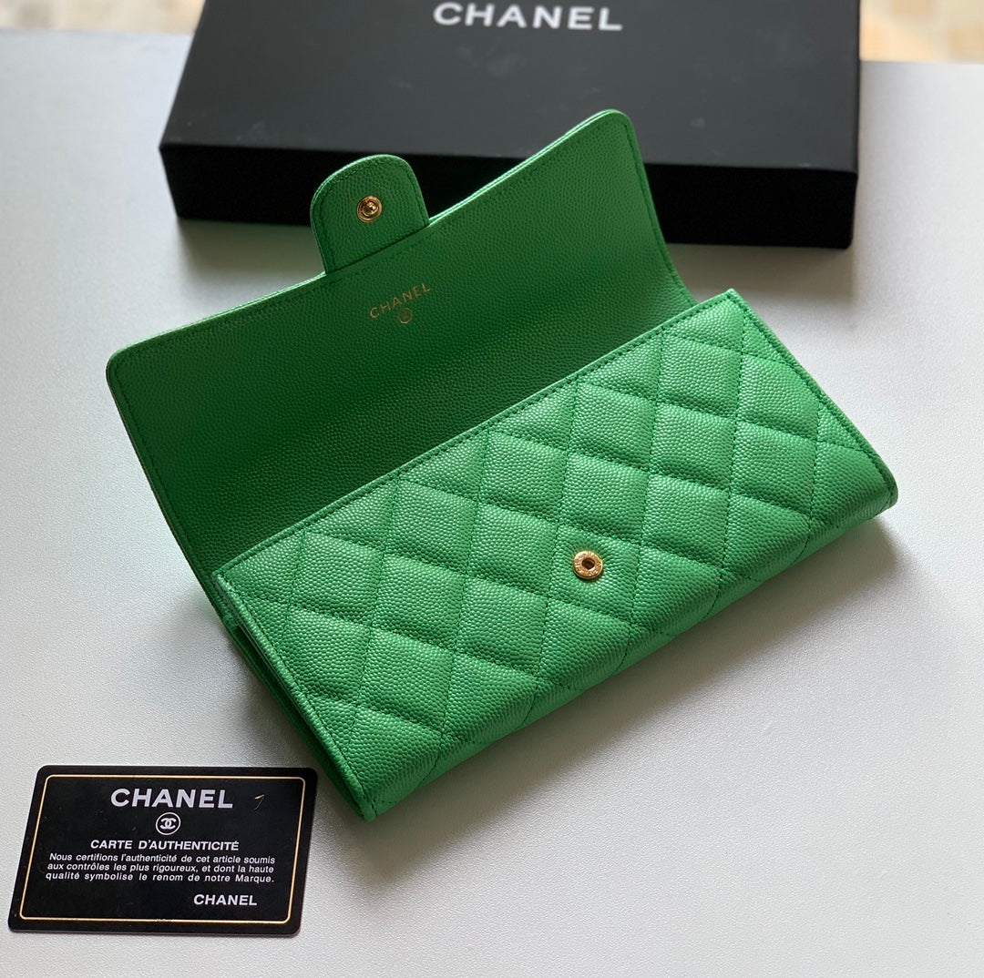 Chanel 經典CF翻蓋長夾-綠色荔枝皮金釦