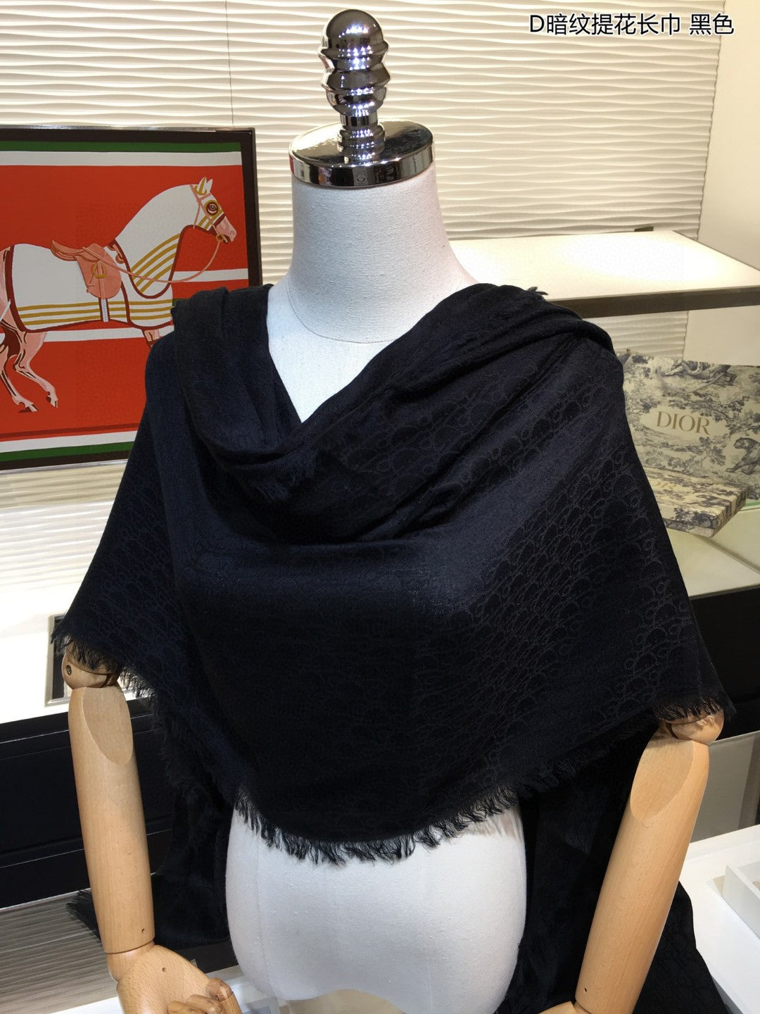 迪D家-暗紋提花長圍巾 110*200cm 100%山羊絨 黑色