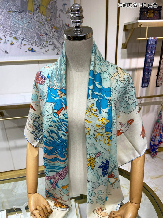 小愛款-雲間萬象方形圍巾 140*140cm 70%羊絨+30%真絲 白色