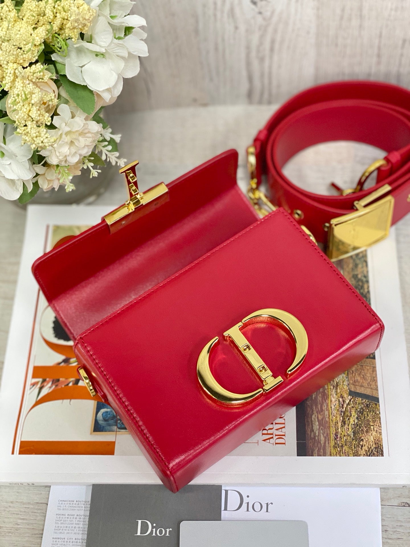 Dior 蒙田 Mini Box-平紋牛皮-金扣-17.5cm-紅色