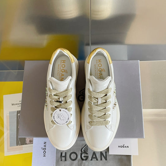 Hogan-2022早春新款 厚底休閒鞋 白色金尾