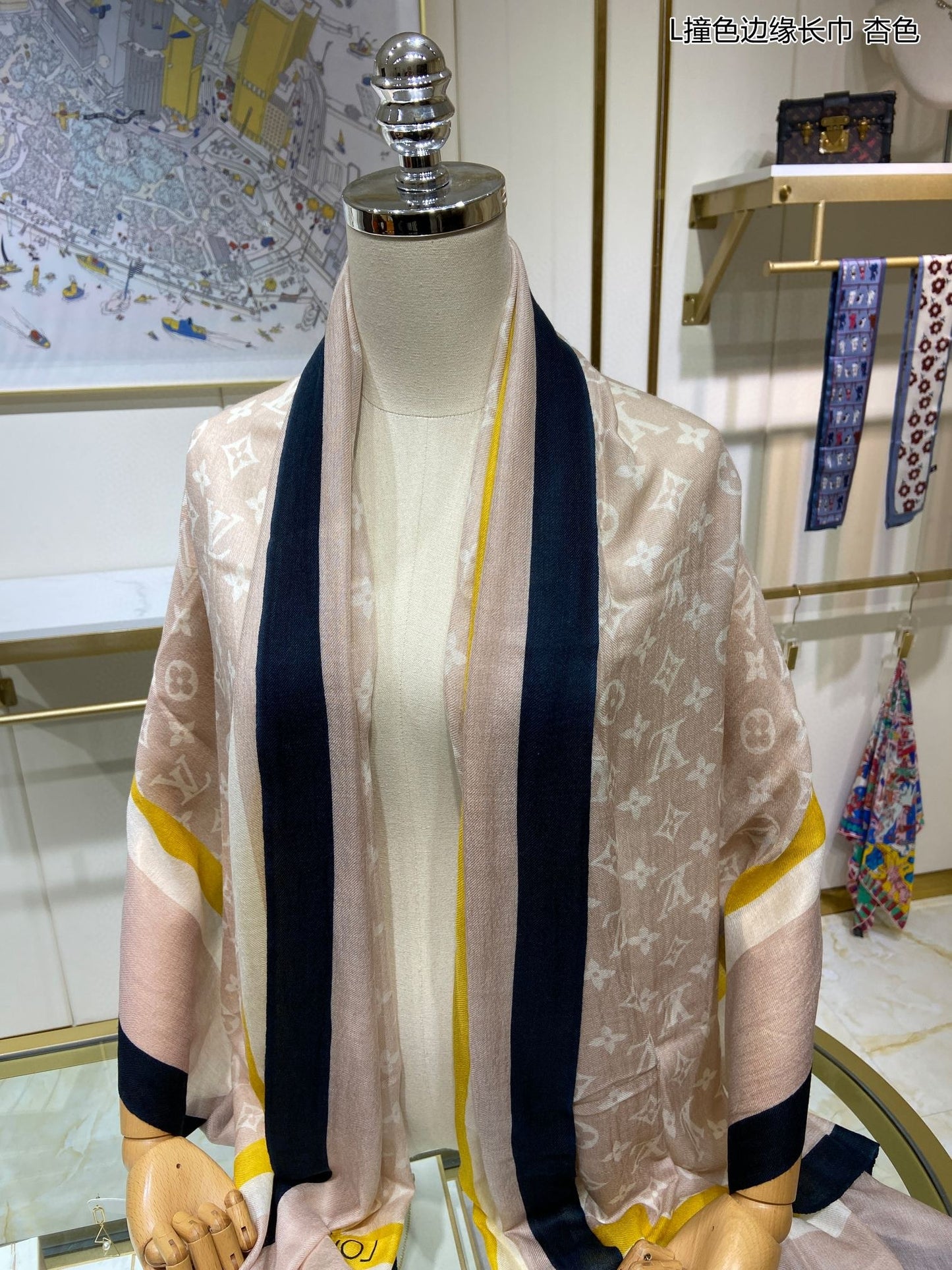 路L家-撞色邊緣長圍巾 110*200cm 100%羊絨 米色
