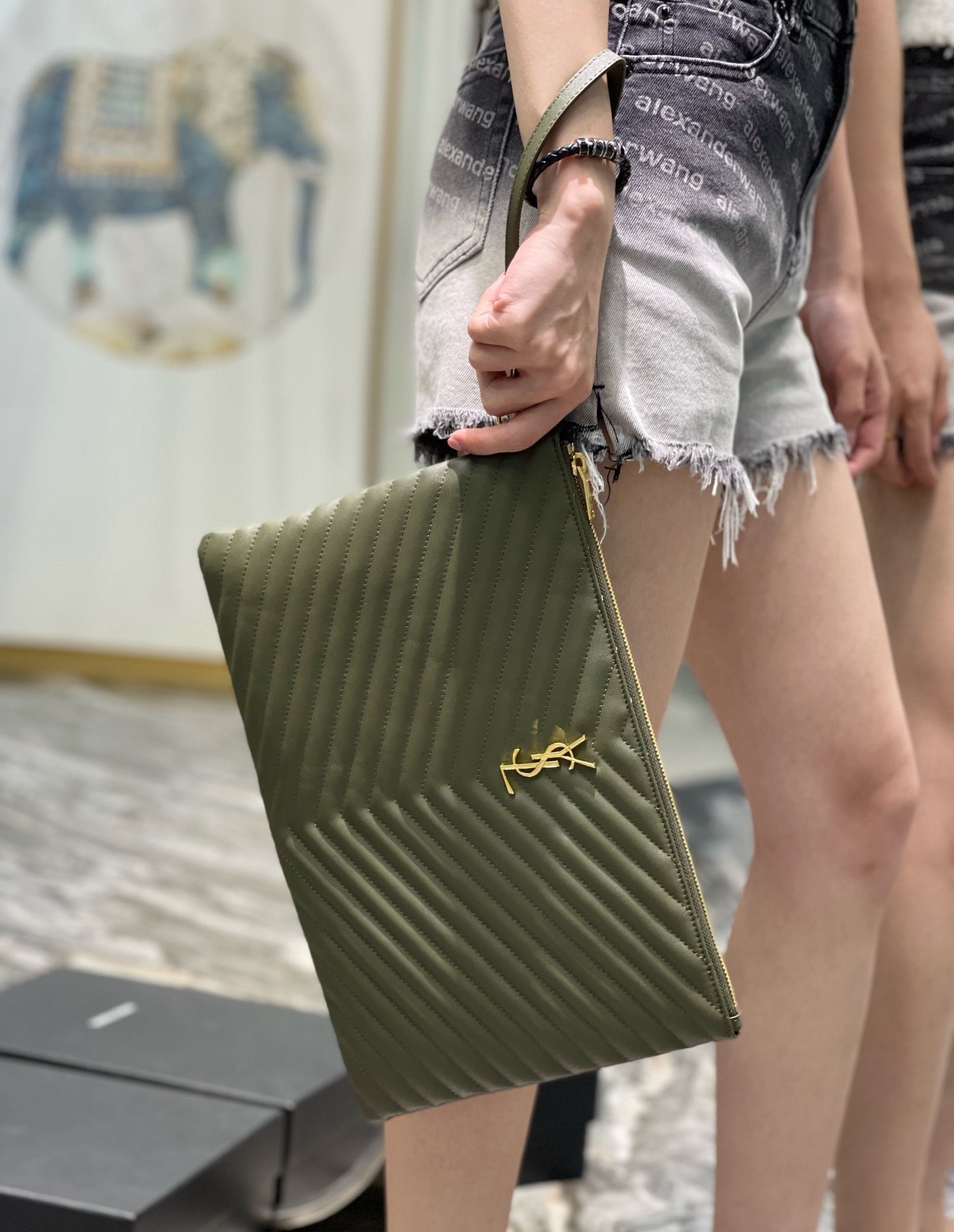 YSL 提花拼接文件手拿包-綠色金扣全尺寸